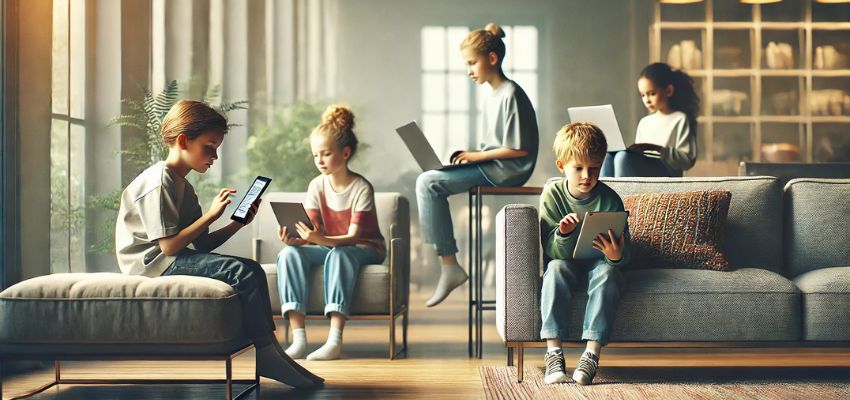 illustration of kids in a house using internet