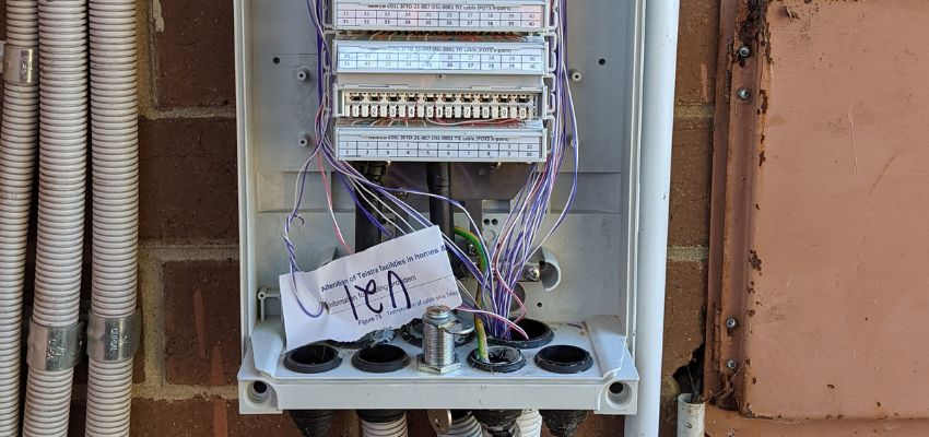 An mdf - aka main distribution frame for nbn fttn/fttb being patched to point in home or office.